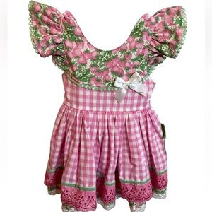 Boutique Dress | Pink Gingham Eyelet Flutter Sleeve Apron Style | Size 3/4